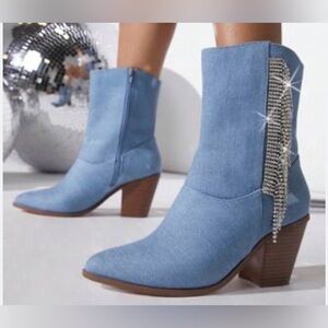 Chase+ Chloe DENIM Rhinestone Tassel Justine Western Boots (Sz 8) 3" heel- NIB